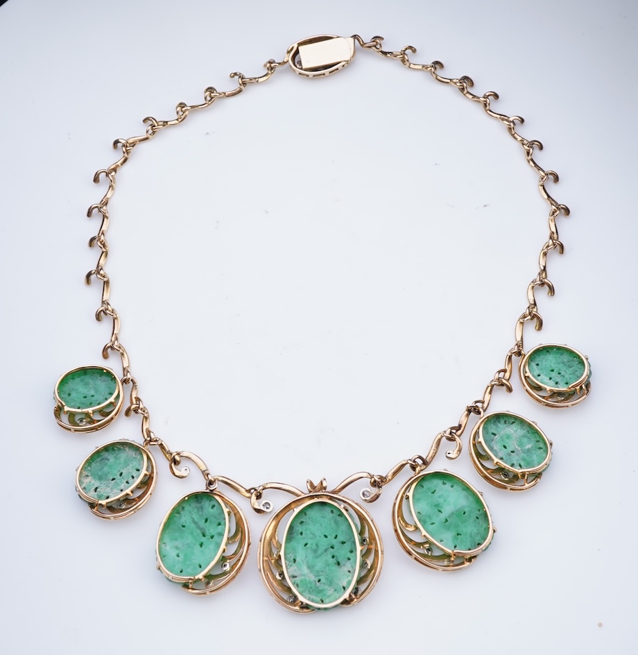 A jadeite and diamond necklace, mid 20th century